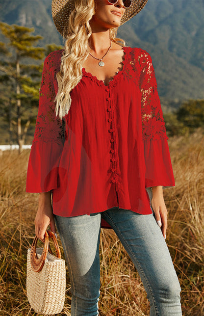 Blouses- Summer Blouse - Guipure Lace Top with 3/4 Sleeves- - IndioGear Fashion and Gear