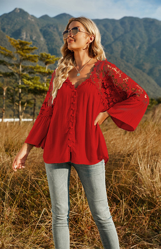 Blouses- Summer Blouse - Guipure Lace Top with 3/4 Sleeves- - IndioGear Fashion and Gear