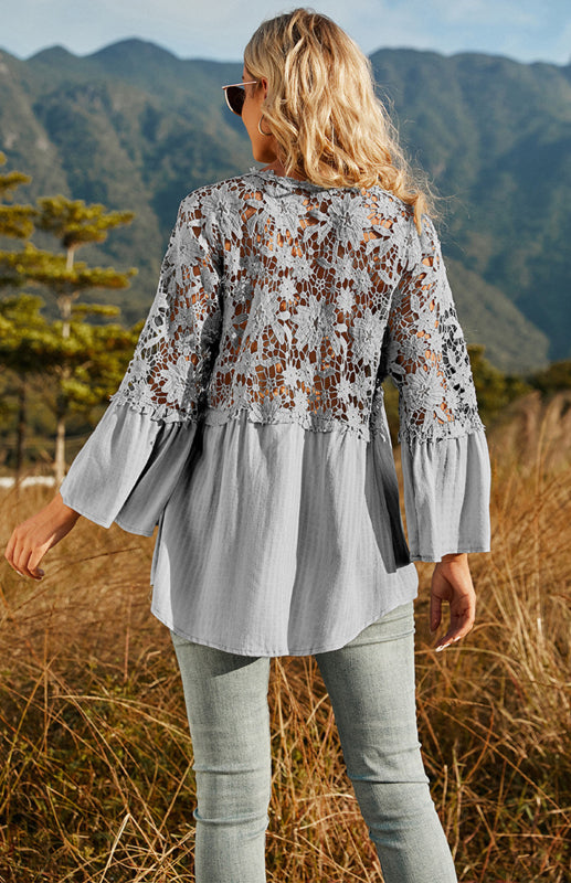 Blouses- Summer Blouse - Guipure Lace Top with 3/4 Sleeves- - IndioGear Fashion and Gear