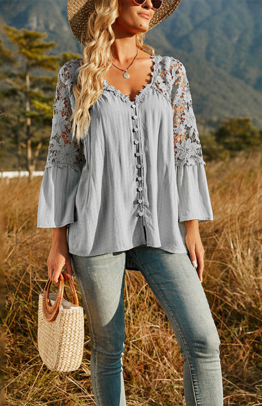 Blouses- Summer Blouse - Guipure Lace Top with 3/4 Sleeves- - IndioGear Fashion and Gear