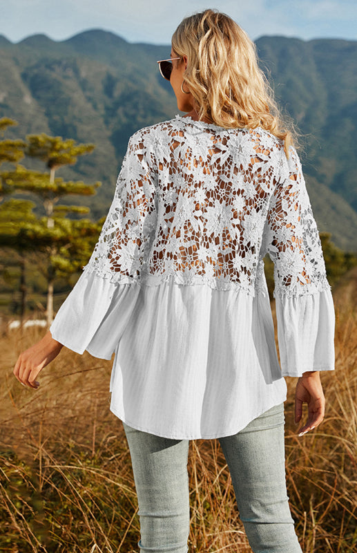 Blouses- Summer Blouse - Guipure Lace Top with 3/4 Sleeves- - IndioGear Fashion and Gear