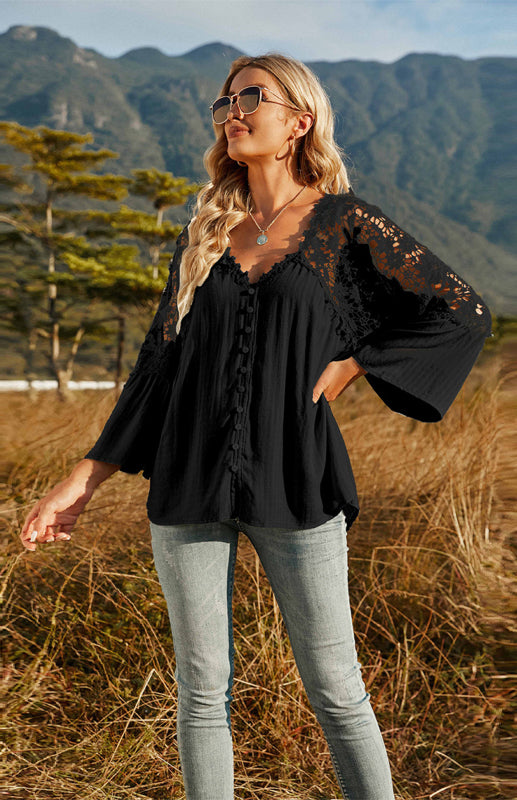 Blouses- Summer Blouse - Guipure Lace Top with 3/4 Sleeves- - IndioGear Fashion and Gear