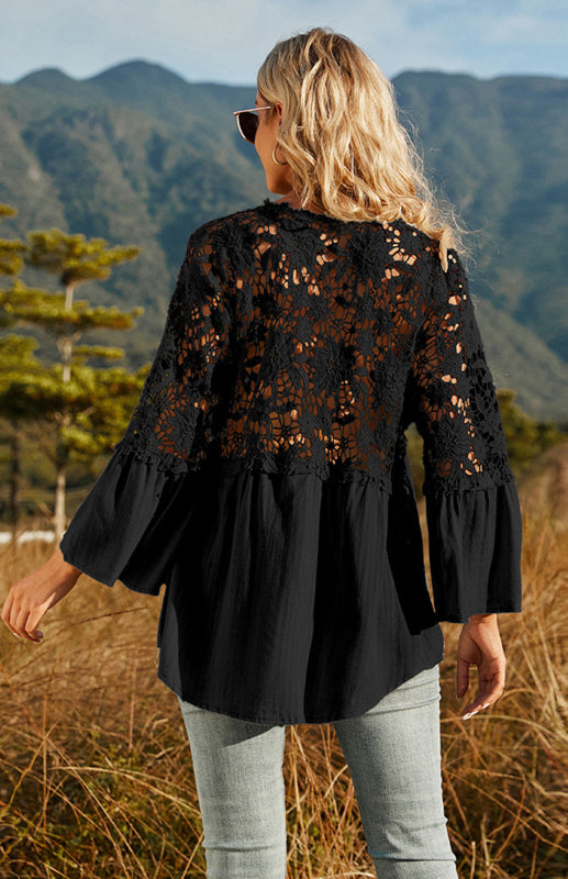 Blouses- Summer Blouse - Guipure Lace Top with 3/4 Sleeves- - IndioGear Fashion and Gear