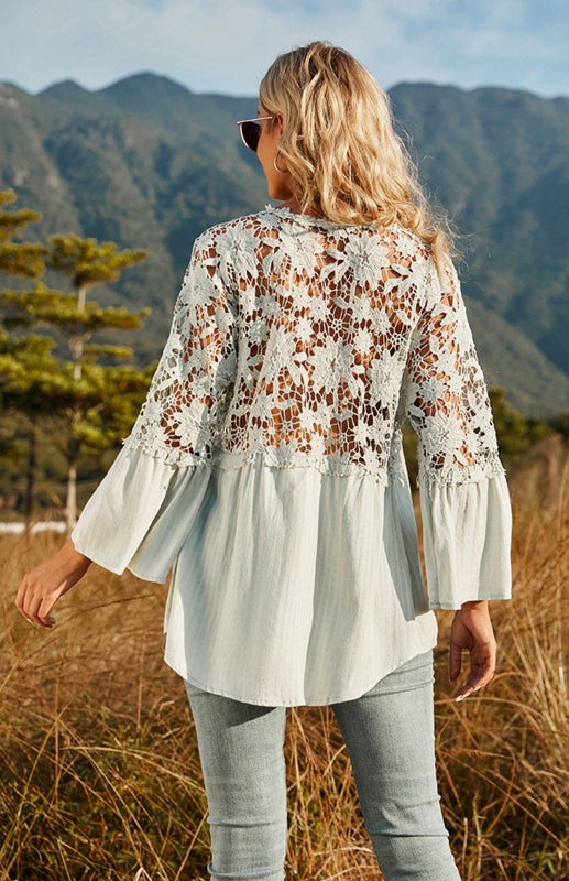 Blouses- Summer Blouse - Guipure Lace Top with 3/4 Sleeves- - IndioGear Fashion and Gear