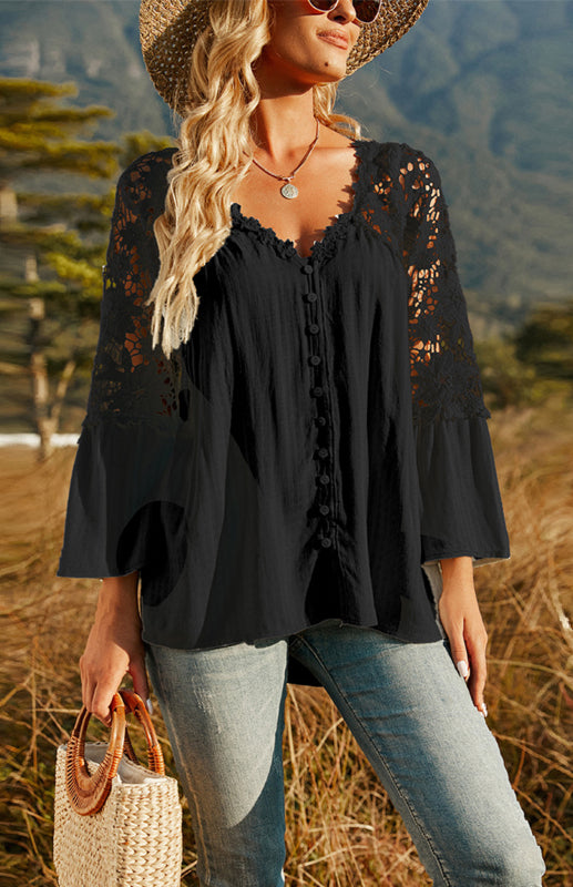 Blouses- Summer Blouse - Guipure Lace Top with 3/4 Sleeves- Black- IndioGear Fashion and Gear