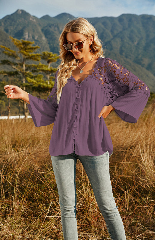 Blouses- Summer Blouse - Guipure Lace Top with 3/4 Sleeves- - IndioGear Fashion and Gear