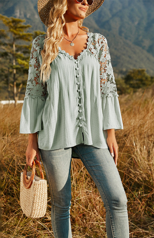 Blouses- Summer Blouse - Guipure Lace Top with 3/4 Sleeves- Pale green- IndioGear Fashion and Gear