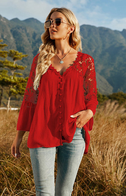 Blouses- Summer Blouse - Guipure Lace Top with 3/4 Sleeves- Red- IndioGear Fashion and Gear