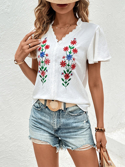 Blouses- Summer Embroidered Floral V-Neck Blouse with Lace Touches- White- IndioGear Clothing and Gear