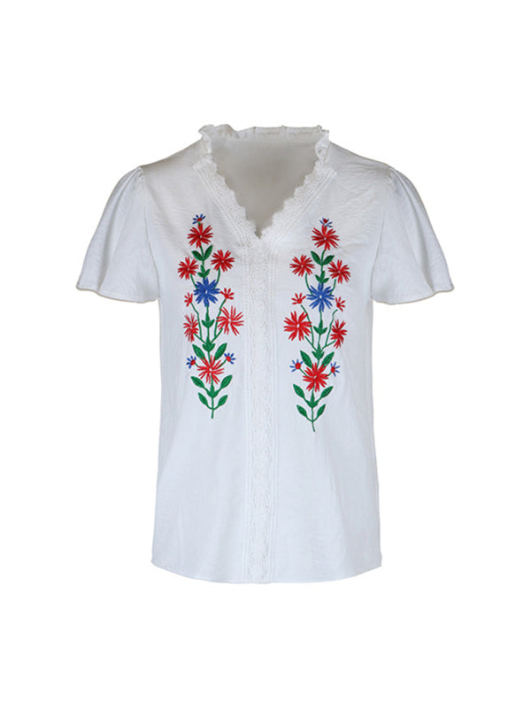 Blouses- Summer Embroidered Floral V-Neck Blouse with Lace Touches- - IndioGear Clothing and Gear