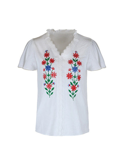 Blouses- Summer Embroidered Floral V-Neck Blouse with Lace Touches- - IndioGear Clothing and Gear