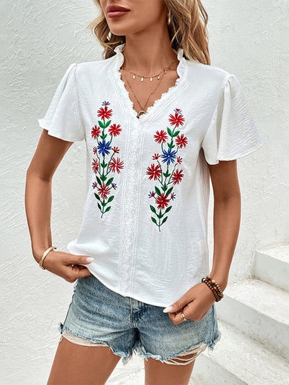 Blouses- Summer Embroidered Floral V-Neck Blouse with Lace Touches- - IndioGear Clothing and Gear