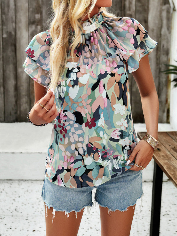 Blouses-Summer Floral Print Stand Collared Blouse - Short Layers & Frills Top-Pekosa Women Clothing