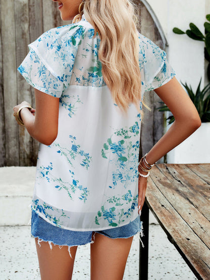 Blouses-Summer Floral Print Stand Collared Blouse - Short Layers & Frills Top-Pekosa Women Clothing