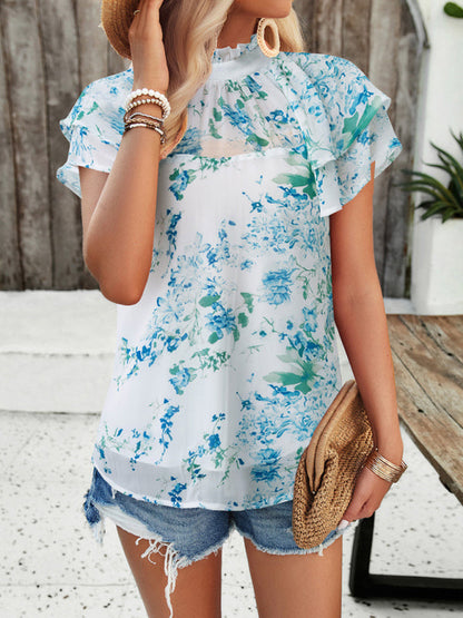 Blouses-Summer Floral Print Stand Collared Blouse - Short Layers & Frills Top-Pekosa Women Clothing