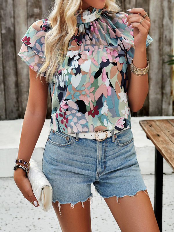 Blouses-Summer Floral Print Stand Collared Blouse - Short Layers & Frills Top-Pekosa Women Clothing