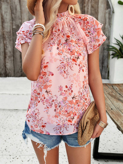 Blouses-Summer Floral Print Stand Collared Blouse - Short Layers & Frills Top-Pekosa Women Clothing