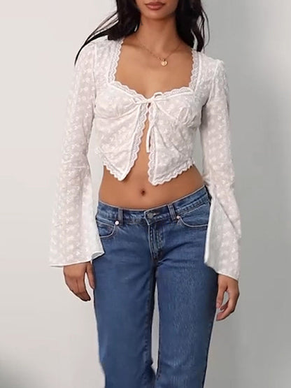 Blouses- Summer See-Through Tie-Front Flare Sleeve Crop Blouse- - IndioGear Clothing and Gear