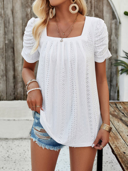 Blouses- Summer Square Neck Eyelet Top with Short Puff Sleeves- - IndioGear Clothing and Gear