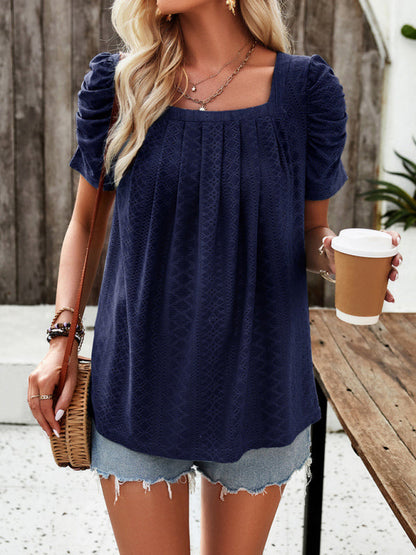 Blouses- Summer Square Neck Eyelet Top with Short Puff Sleeves- - IndioGear Clothing and Gear