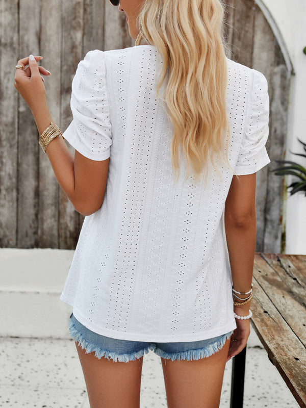 Blouses- Summer Square Neck Eyelet Top with Short Puff Sleeves- - IndioGear Clothing and Gear