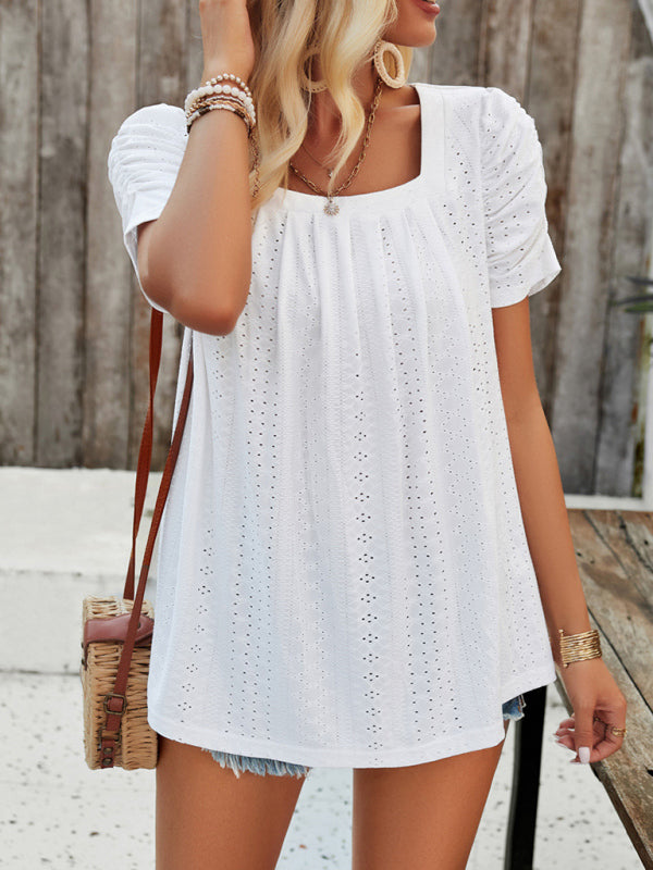 Blouses- Summer Square Neck Eyelet Top with Short Puff Sleeves- - IndioGear Clothing and Gear