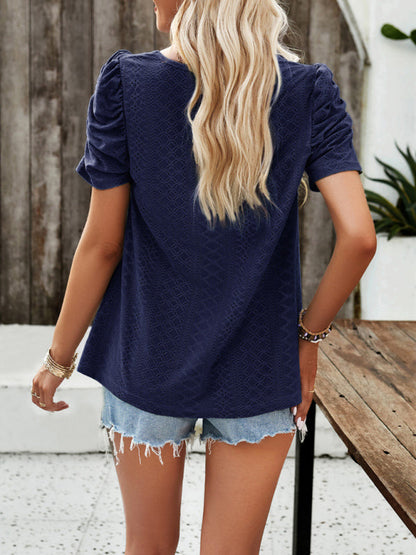 Blouses- Summer Square Neck Eyelet Top with Short Puff Sleeves- - IndioGear Clothing and Gear