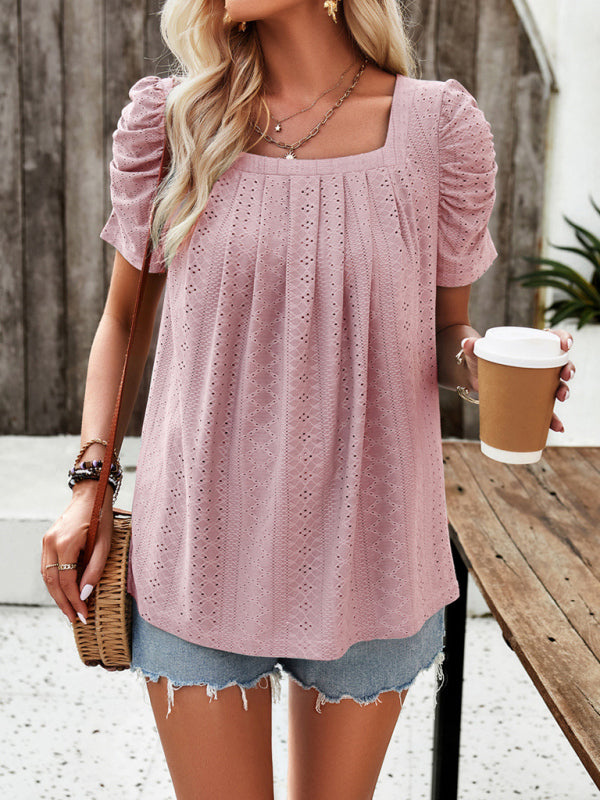 Blouses- Summer Square Neck Eyelet Top with Short Puff Sleeves- Pink- IndioGear Clothing and Gear