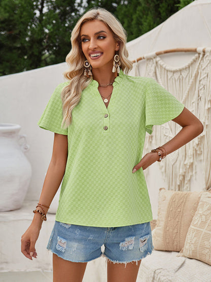 Blouses-Summer Texture V-Neck Blouse with Flounce Sleeves & Frills-Pekosa Women Clothing