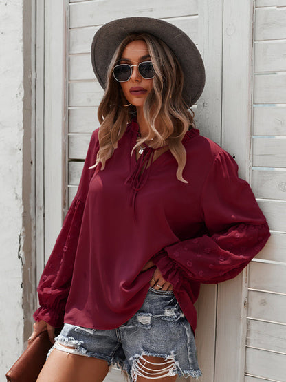 Blouses- Swiss Dot Accents Tunic Top | V-Neck Blouse with Long Sleeves- - IndioGear Fashion and Gear