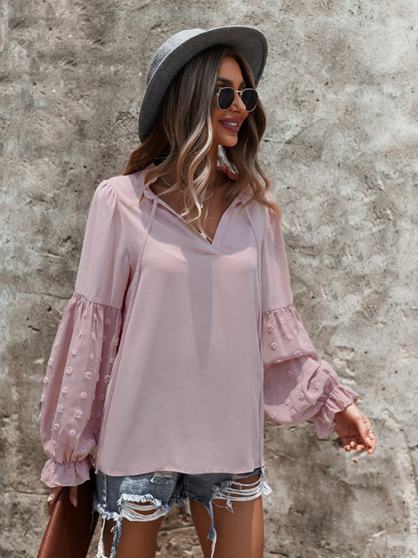 Blouses- Swiss Dot Accents Tunic Top | V-Neck Blouse with Long Sleeves- - IndioGear Fashion and Gear