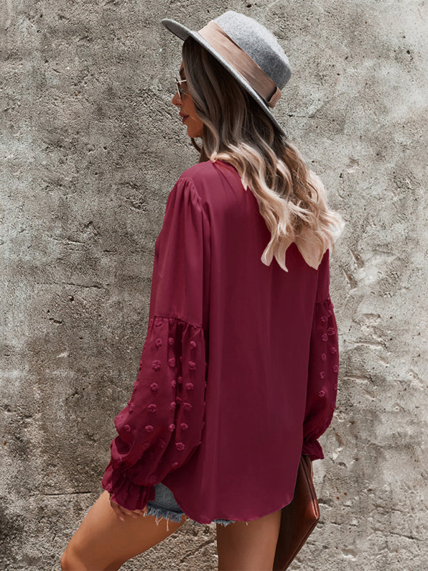 Blouses- Swiss Dot Accents Tunic Top | V-Neck Blouse with Long Sleeves- - IndioGear Fashion and Gear