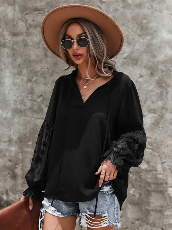 Blouses- Swiss Dot Accents Tunic Top | V-Neck Blouse with Long Sleeves- Black- IndioGear Fashion and Gear