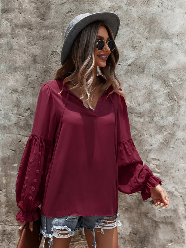 Blouses- Swiss Dot Accents Tunic Top | V-Neck Blouse with Long Sleeves- - IndioGear Fashion and Gear