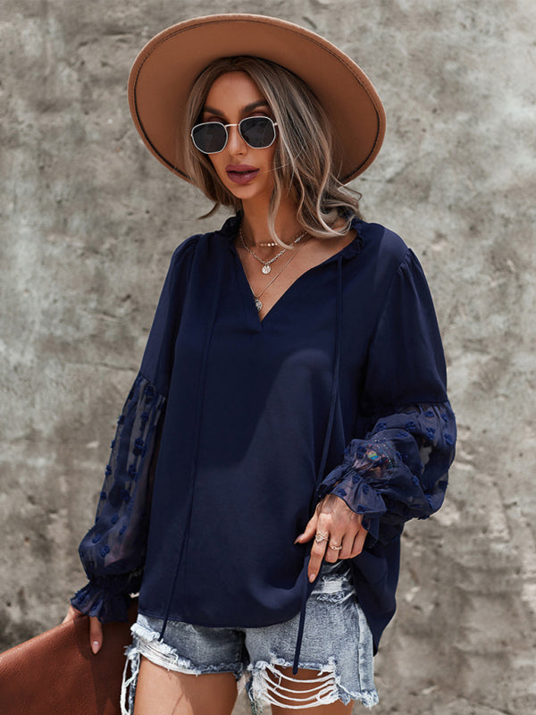 Blouses- Swiss Dot Accents Tunic Top | V-Neck Blouse with Long Sleeves- - IndioGear Fashion and Gear