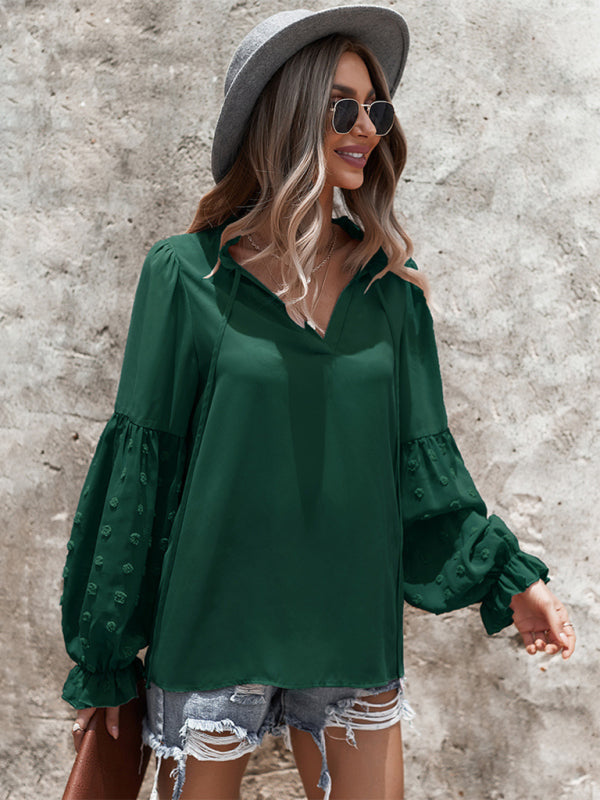 Blouses- Swiss Dot Accents Tunic Top | V-Neck Blouse with Long Sleeves- - IndioGear Fashion and Gear