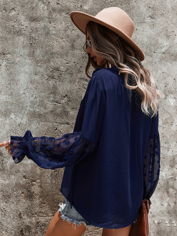 Blouses- Swiss Dot Accents Tunic Top | V-Neck Blouse with Long Sleeves- - IndioGear Fashion and Gear