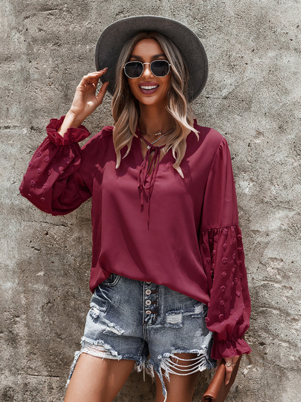 Blouses- Swiss Dot Accents Tunic Top | V-Neck Blouse with Long Sleeves- Red- IndioGear Fashion and Gear