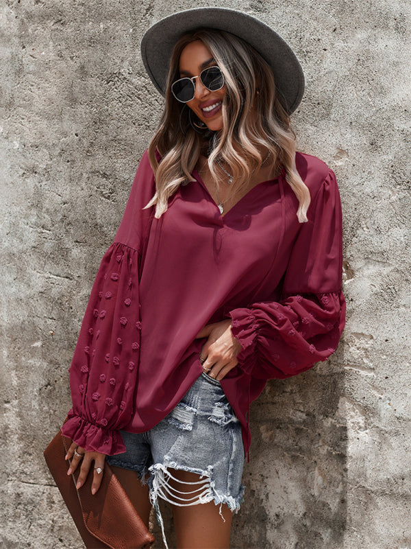 Blouses- Swiss Dot Accents Tunic Top | V-Neck Blouse with Long Sleeves- - IndioGear Fashion and Gear