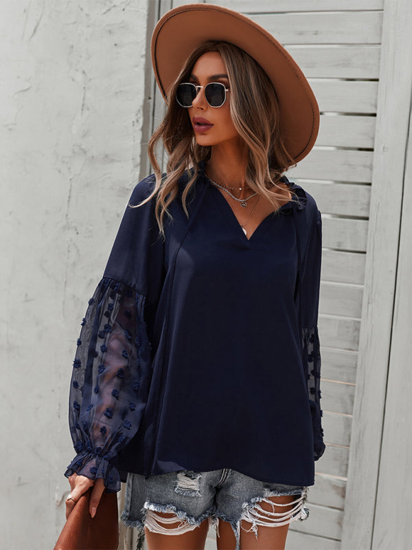 Blouses- Swiss Dot Accents Tunic Top | V-Neck Blouse with Long Sleeves- Champlain color- IndioGear Fashion and Gear