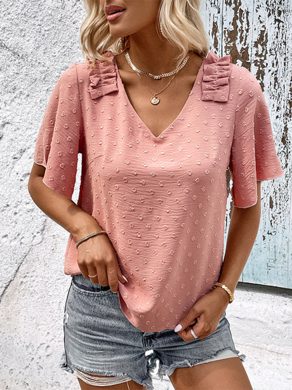 Blouses- Swiss Dot Flared Sleeves Blouse: V-Neck, Versatile Fit- Pink- IndioGear Fashion and Gear