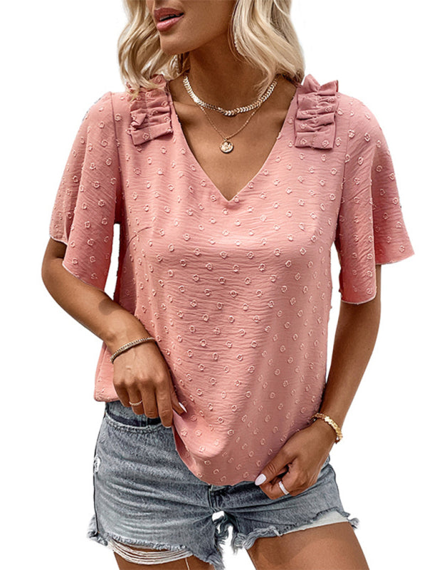 Blouses- Swiss Dot Flared Sleeves Blouse: V-Neck, Versatile Fit- - IndioGear Fashion and Gear