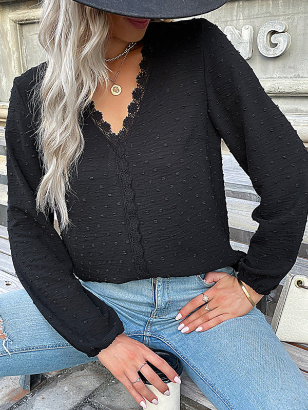 Blouses- Swiss Dot Lace V Neck Long Sleeve Blouse- Black- IndioGear Fashion and Gear