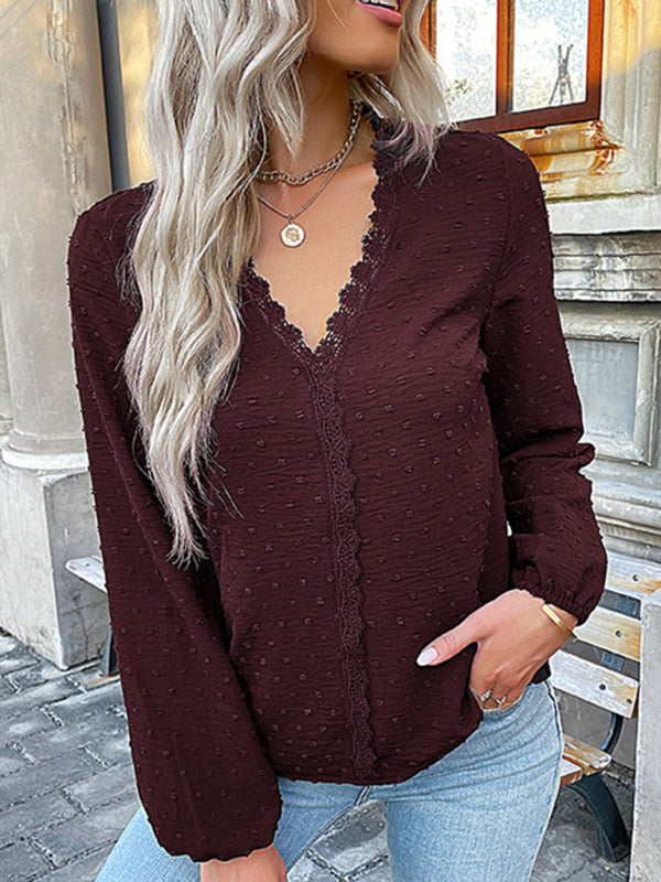 Blouses- Swiss Dot Lace V Neck Long Sleeve Blouse- - IndioGear Fashion and Gear