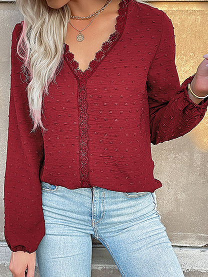 Blouses- Swiss Dot Lace V Neck Long Sleeve Blouse- - IndioGear Fashion and Gear