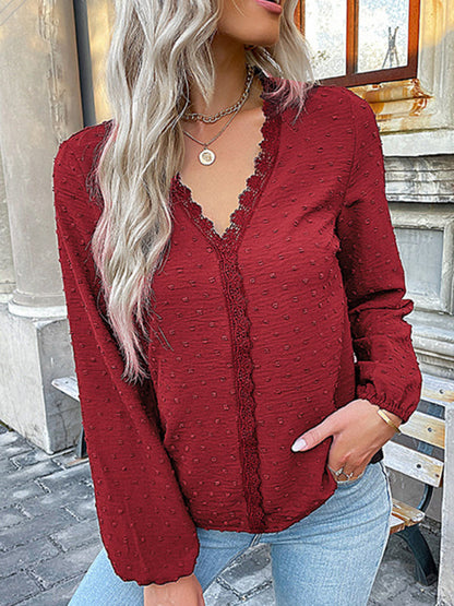 Blouses- Swiss Dot Lace V Neck Long Sleeve Blouse- - IndioGear Fashion and Gear