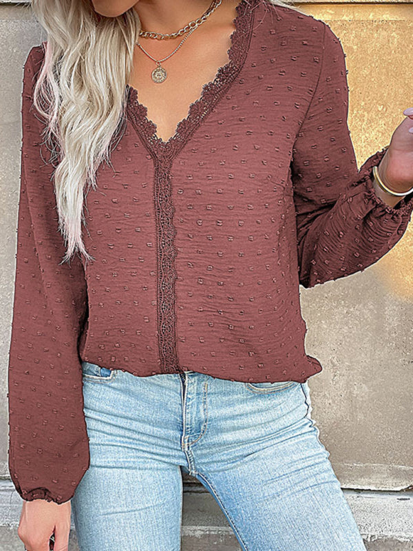 Blouses- Swiss Dot Lace V Neck Long Sleeve Blouse- - IndioGear Fashion and Gear