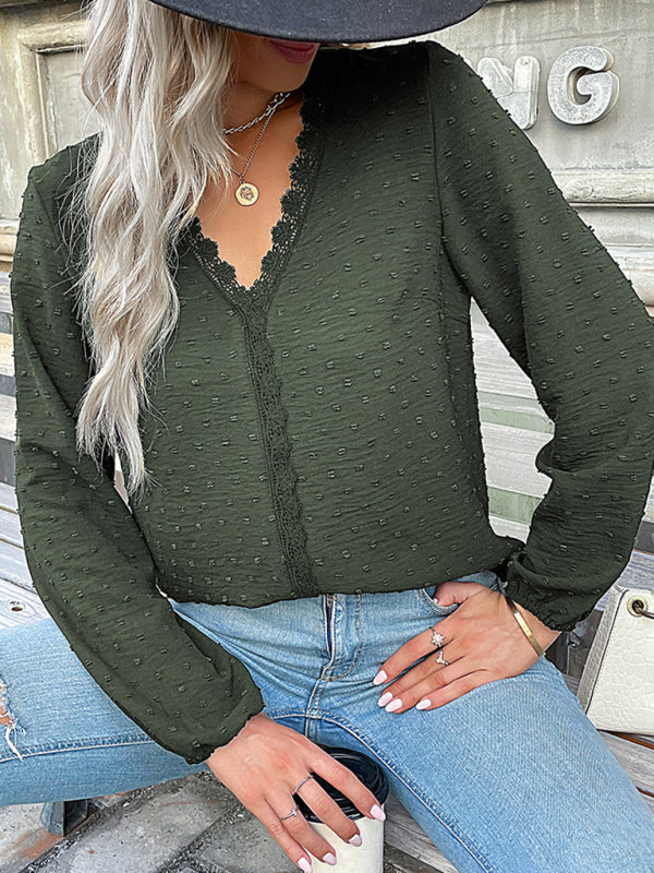 Blouses- Swiss Dot Lace V Neck Long Sleeve Blouse- Olive green- IndioGear Fashion and Gear