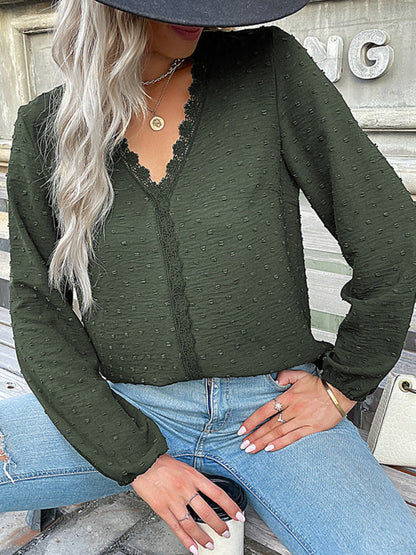 Blouses- Swiss Dot Lace V Neck Long Sleeve Blouse- Olive green- IndioGear Fashion and Gear