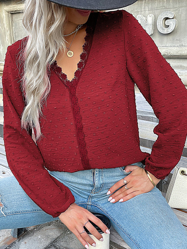 Blouses- Swiss Dot Lace V Neck Long Sleeve Blouse- Red- IndioGear Fashion and Gear